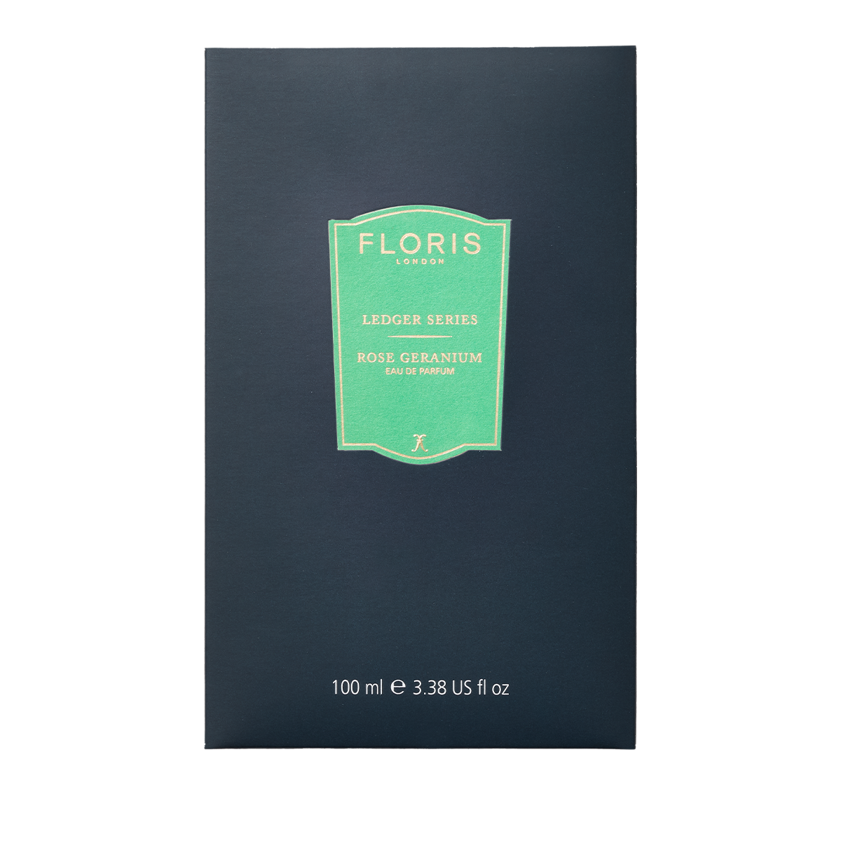 Dark blue Floris London box with green label for Rose Geranium, 100ml; floral grace and aromatic allure in elegant white text.