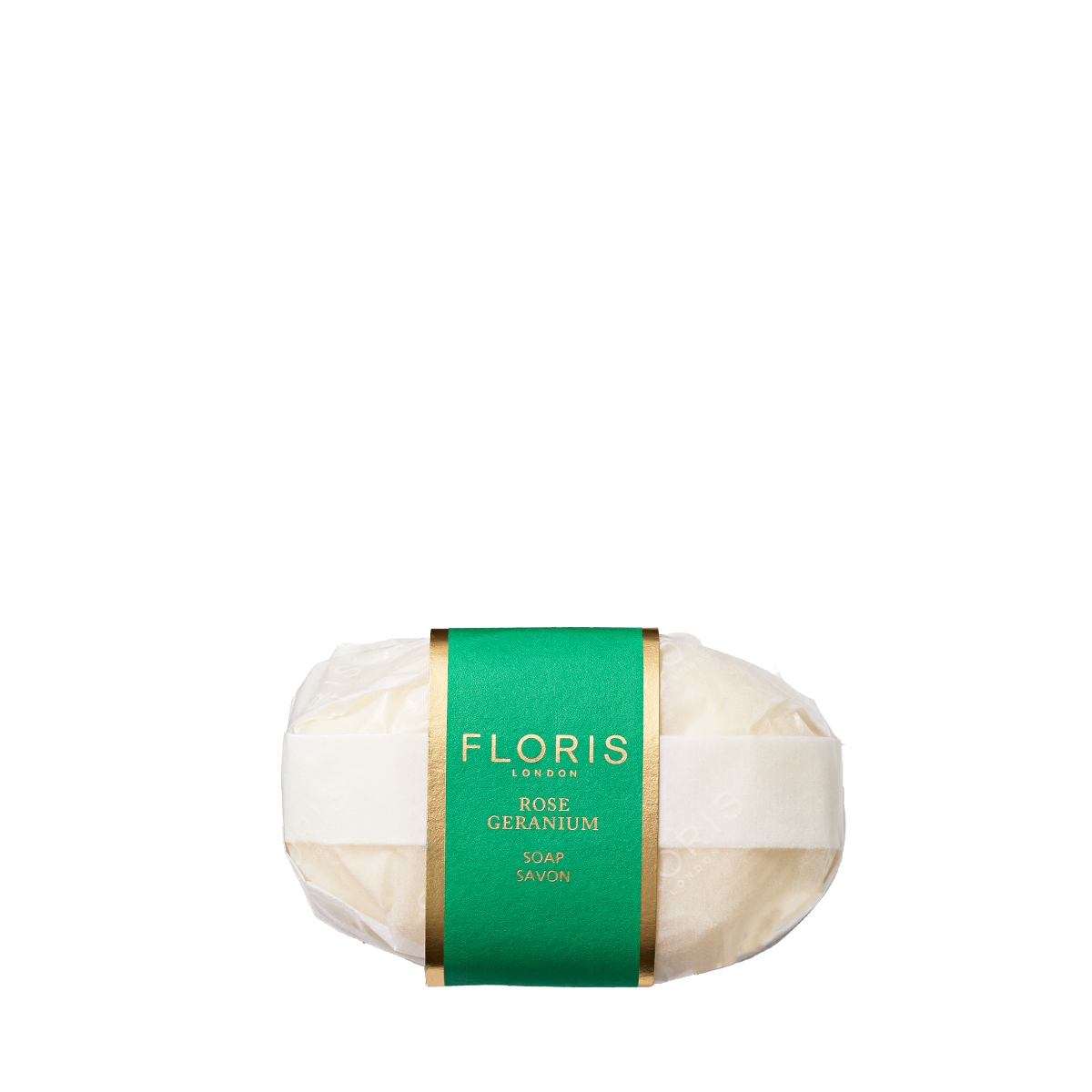 Floris London Rose Geranium - Luxury Soap is wrapped in white paper with a green and gold label and has a delicate floral scent.