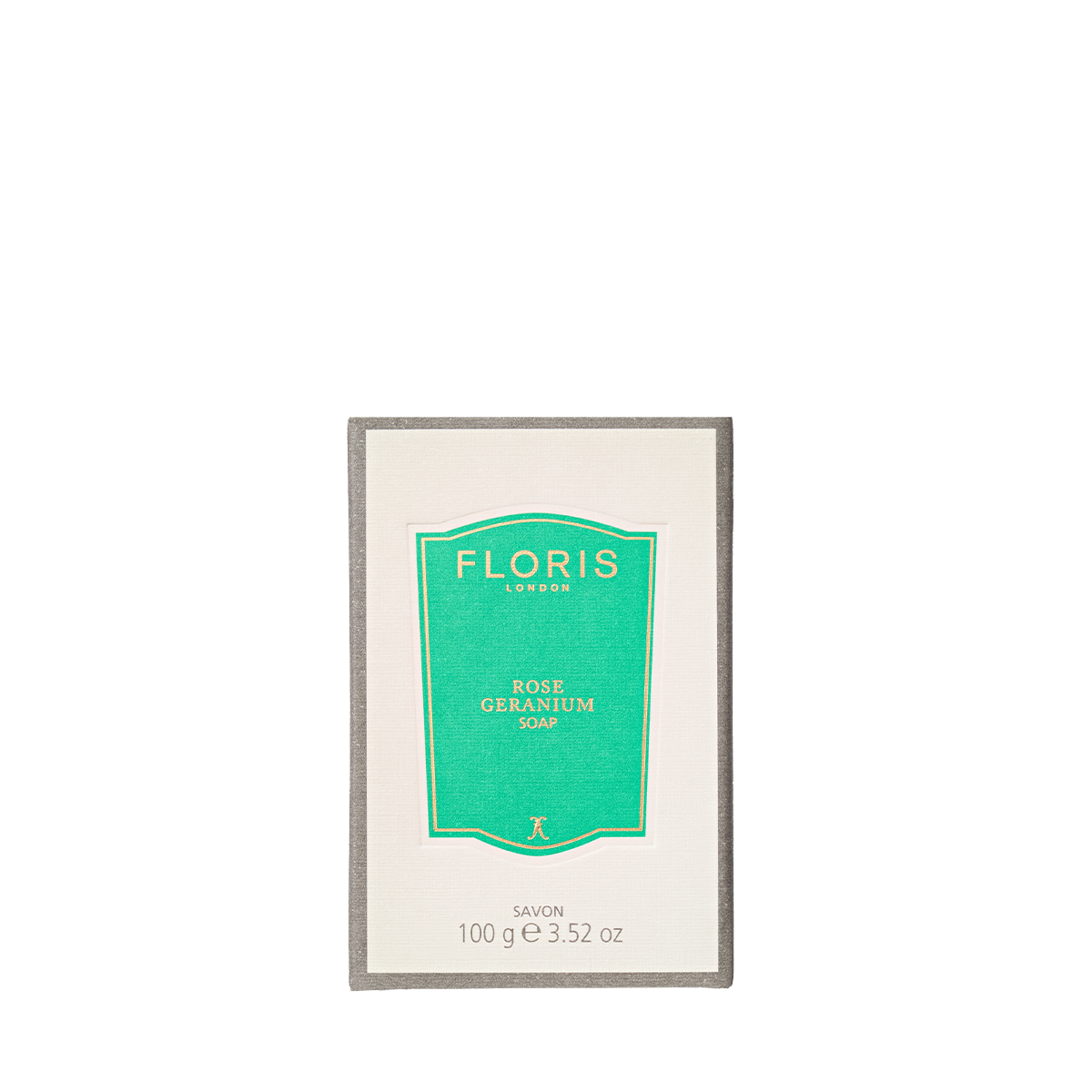 Floris London Rose Geranium Luxury Soap, 100g, in white and green packaging with a refreshing floral scent.