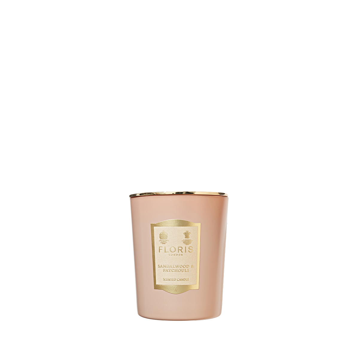 A rose gold Floris London Sandalwood & Patchouli Scented Candle 175g, with a gold label, shown on a white background.