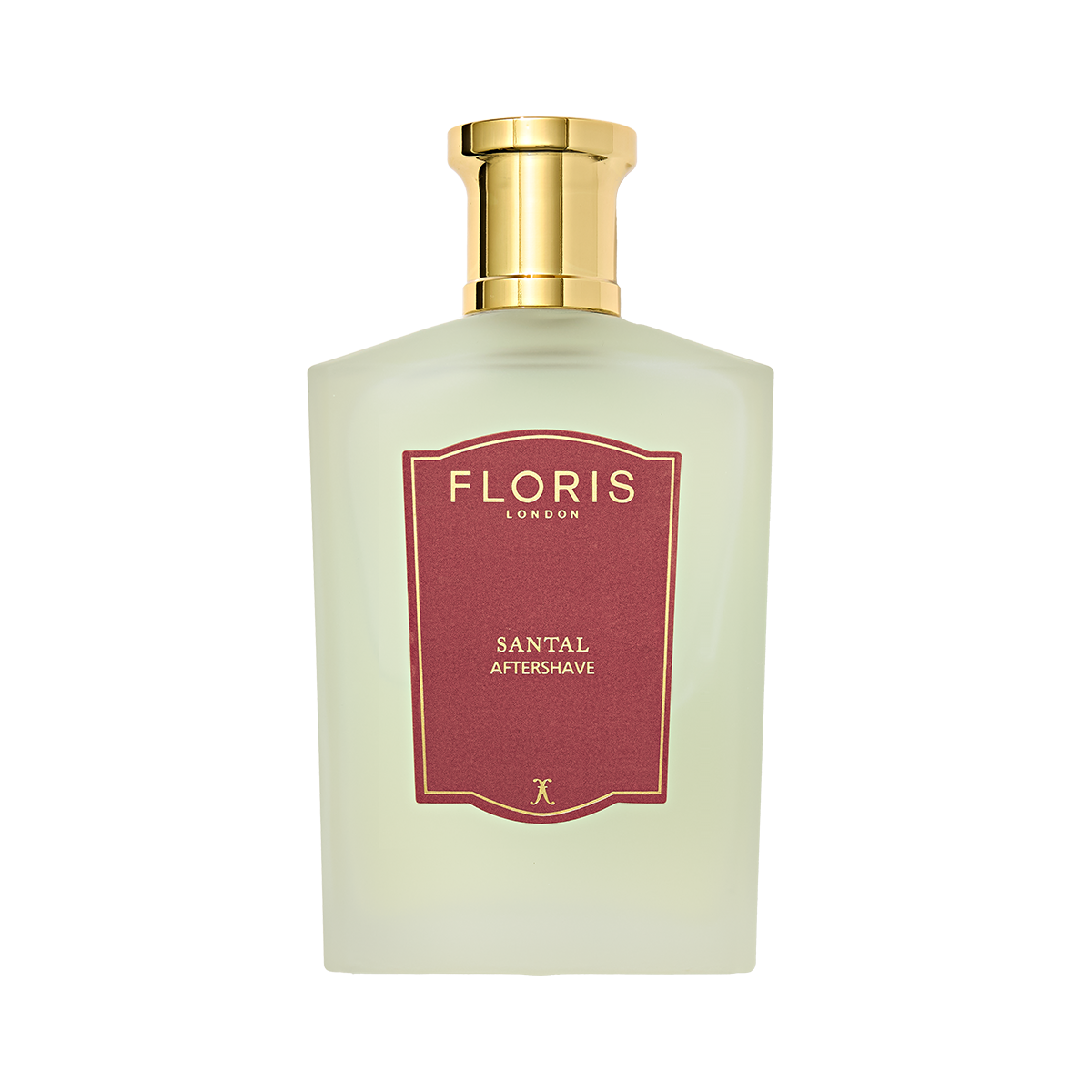 Floris London Santal - Aftershave 100ml features rich sandalwood and cedarwood notes, with a gold cap and a red label.