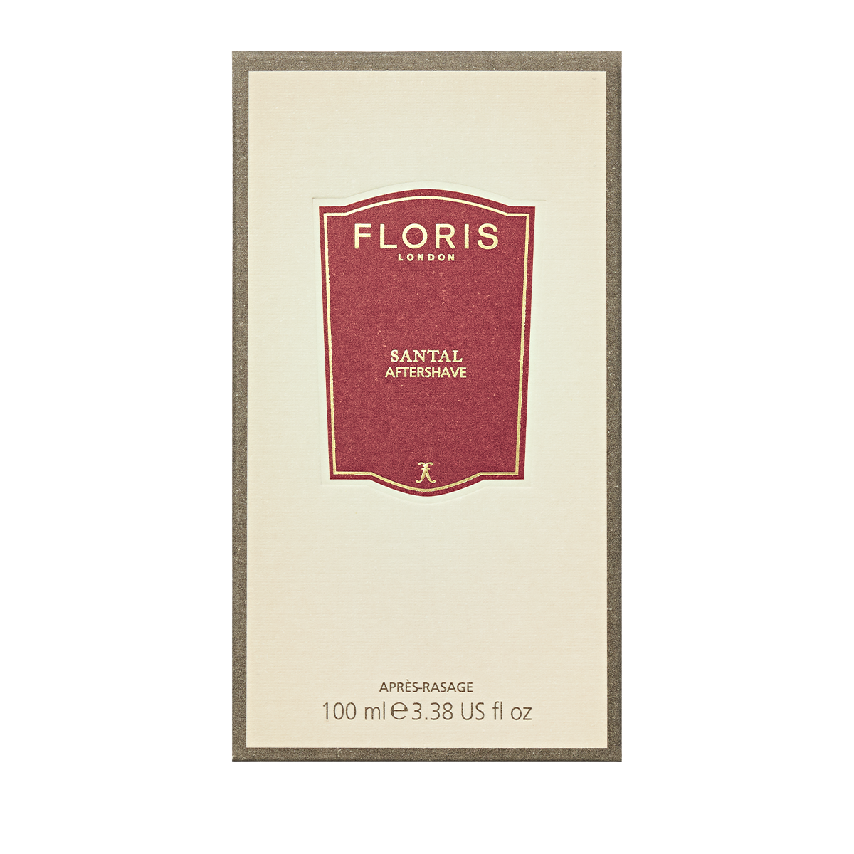 Floris London Santal - Aftershave 100ml comes in a cream box with a red label and gold text, featuring sandalwood and cedarwood notes.
