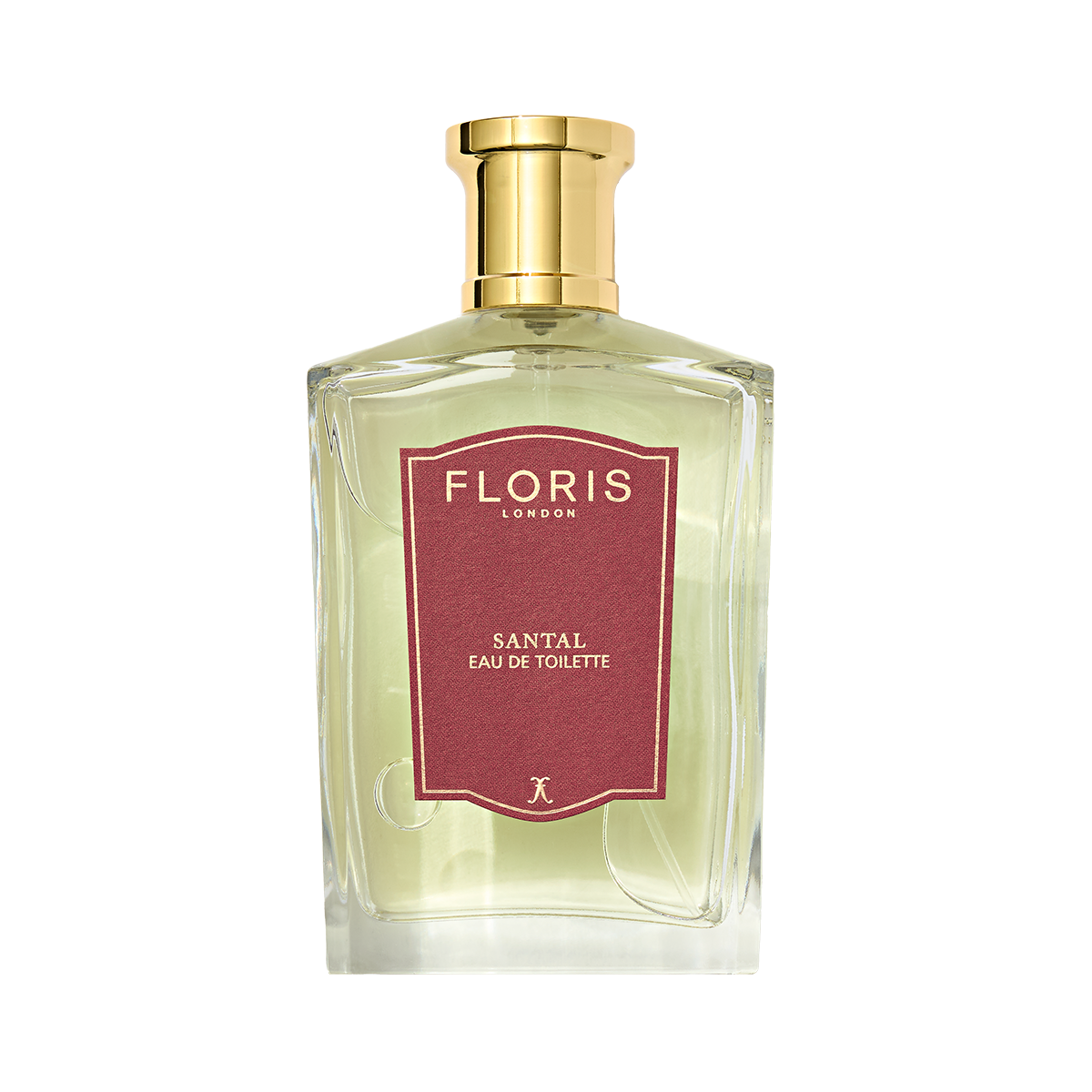 Clear glass bottle of Floris London Santal - Eau de Toilette, a woody fougère men's scent, with a gold cap and red label.