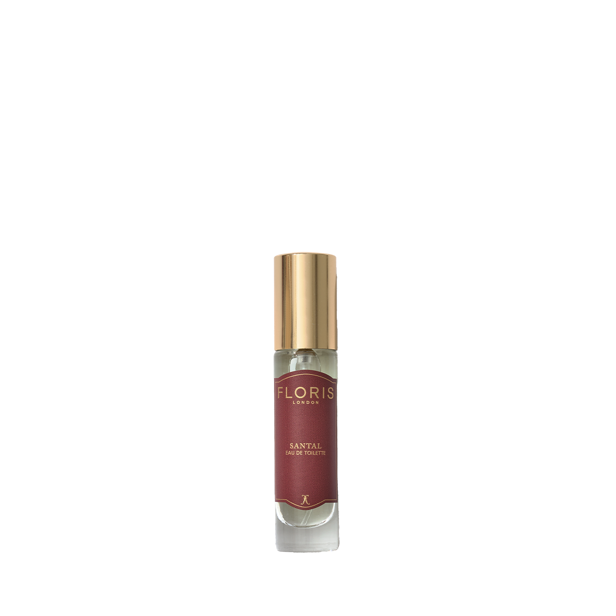 A small bottle of Floris London Santal Eau de Toilette, a woody fougère with a gold cap and maroon label, is shown on a white background.