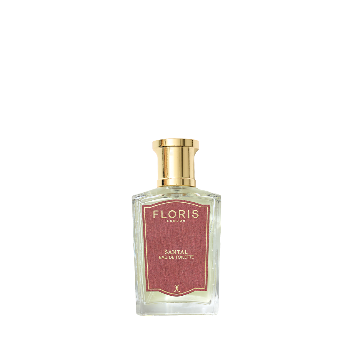 A Floris London Santal - Eau de Toilette bottle with a gold cap and red label, featuring a woody fougère sandalwood fragrance on a white background.
