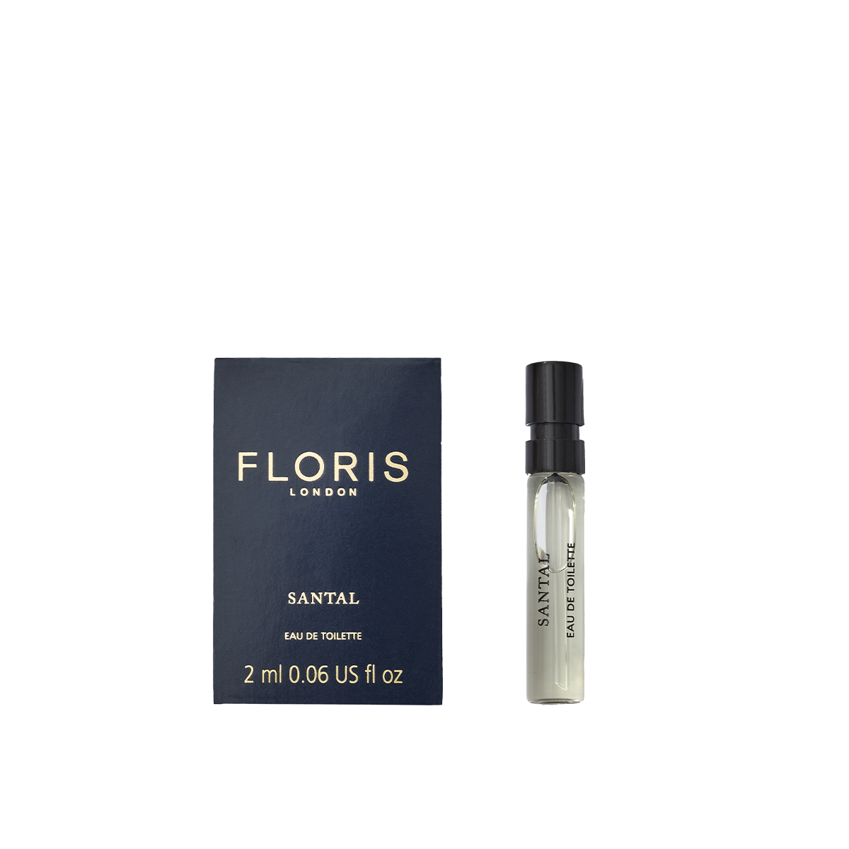 Floris London Santal - Eau de Toilette sample for men features a woody fougère scent in a dark blue box with a convenient spray vial.