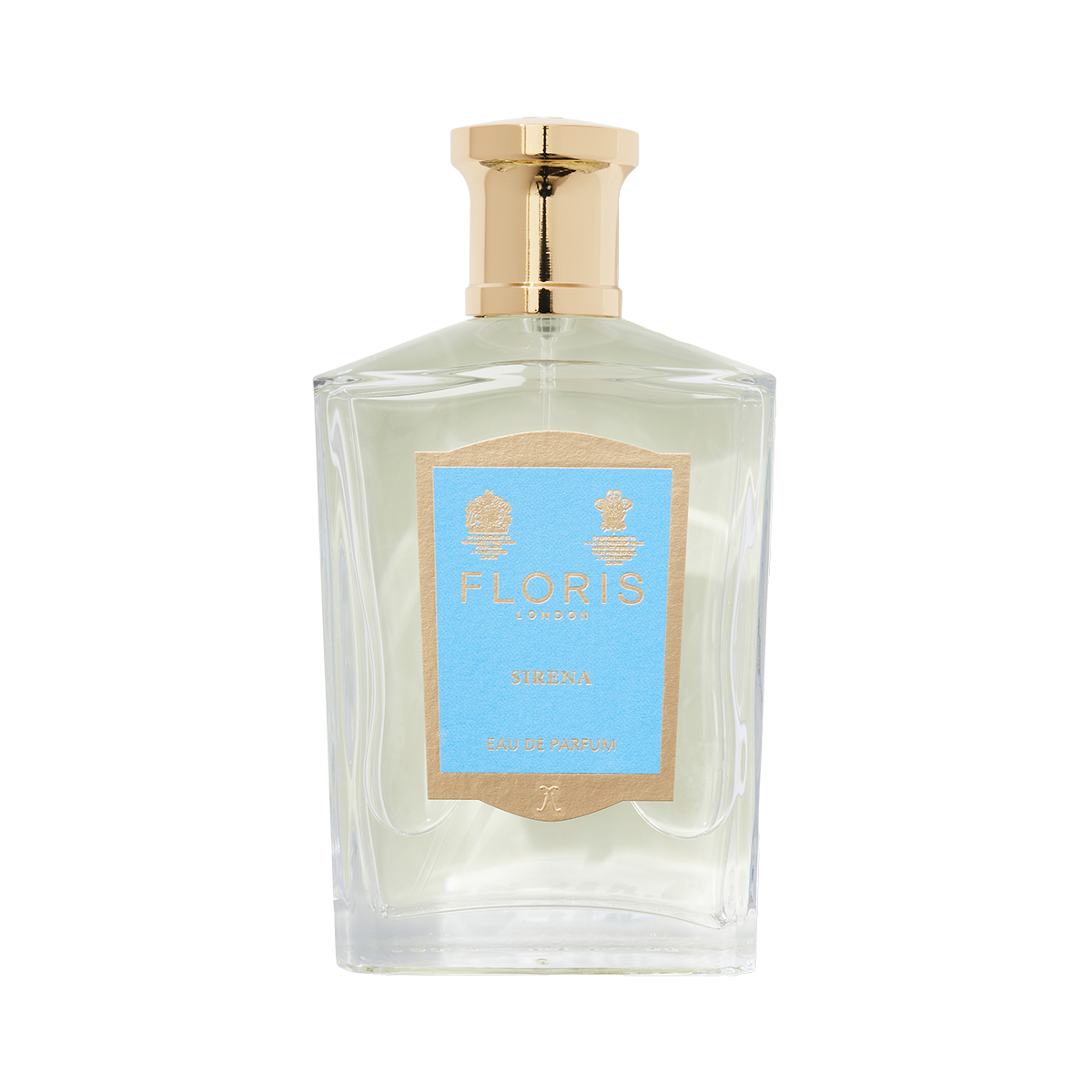 The Floris London Sirena - Eau de Parfum features a clear bottle with a gold cap, blue and gold label, and a fresh floral bergamot scent.