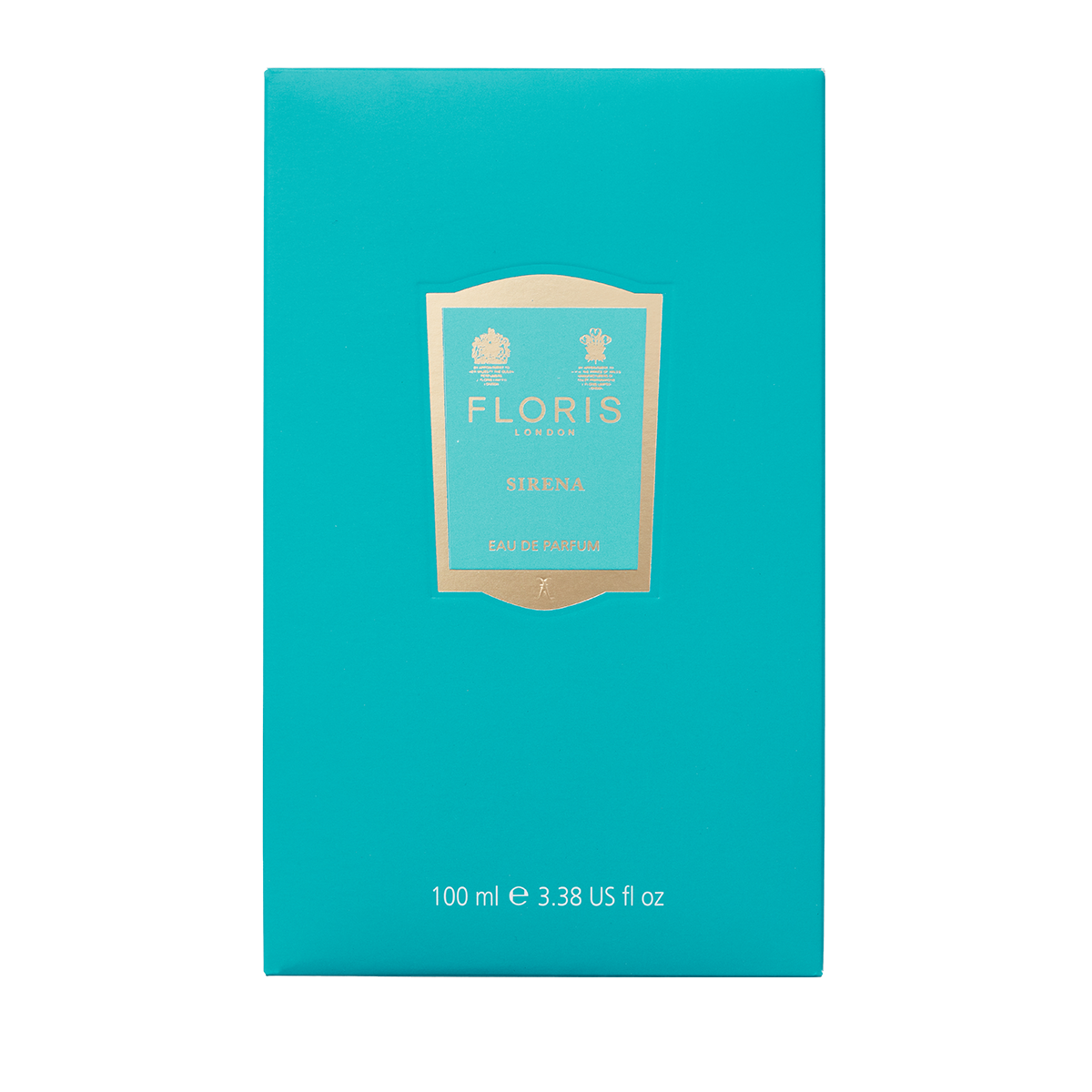 Turquoise Floris London Sirena Eau de Parfum box with gold label, 100ml, offering a fresh floral scent with bergamot notes.