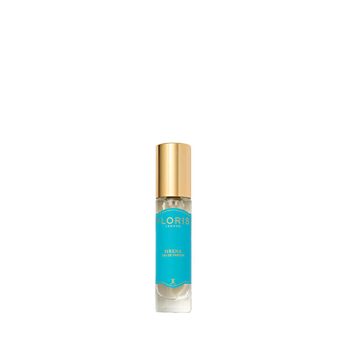 A small perfume bottle with a gold cap and blue label, "Sirena - Eau de Parfum" by Floris London, offers a fresh floral scent with bergamot hints.