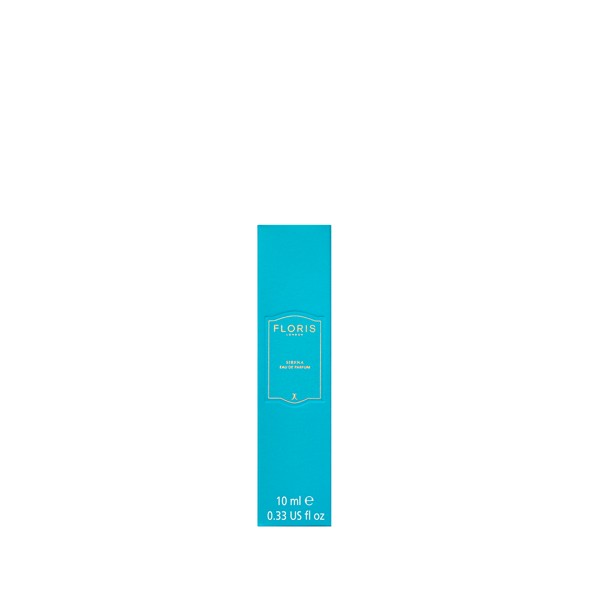 A tall, rectangular turquoise Floris London box with gold text hints at a fresh floral scent; ‘Sirena - Eau de Parfum’, 10 ml, at the bottom.