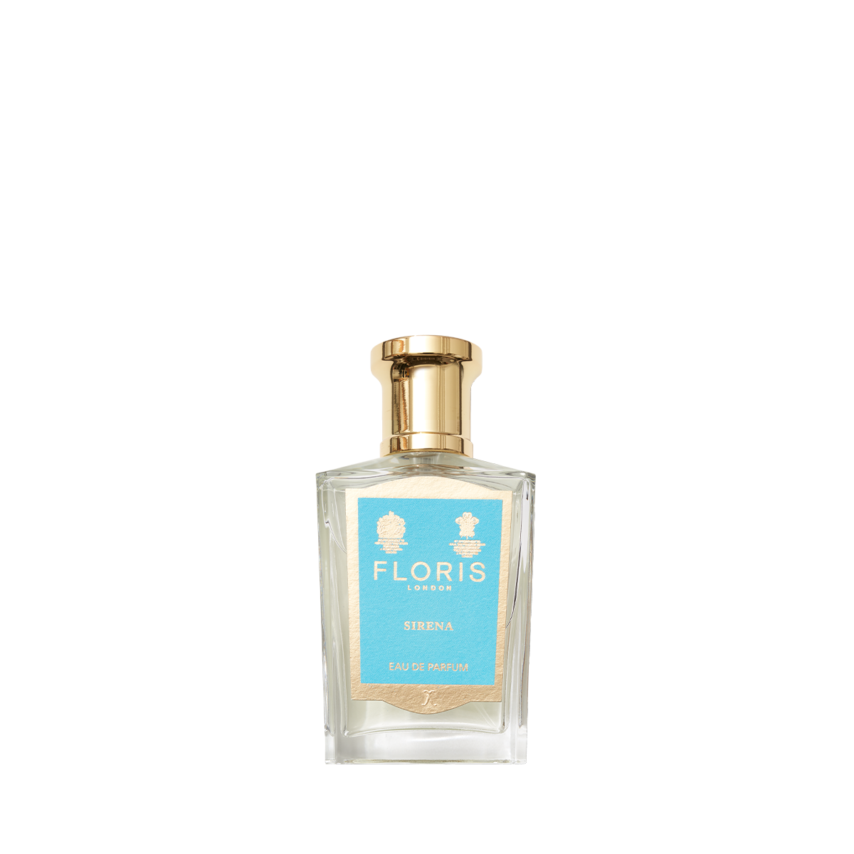 Sirena - Eau de Parfum by Floris London is a clear glass perfume with a gold cap and blue label, offering a fresh, floral scent with bergamot notes.