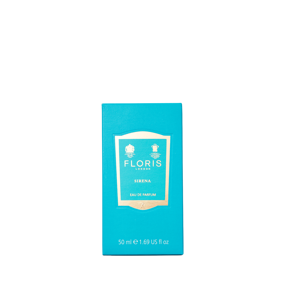 A turquoise 50ml bottle of Floris London Sirena - Eau de Parfum features a gold and white label and a fresh, floral fragrance.