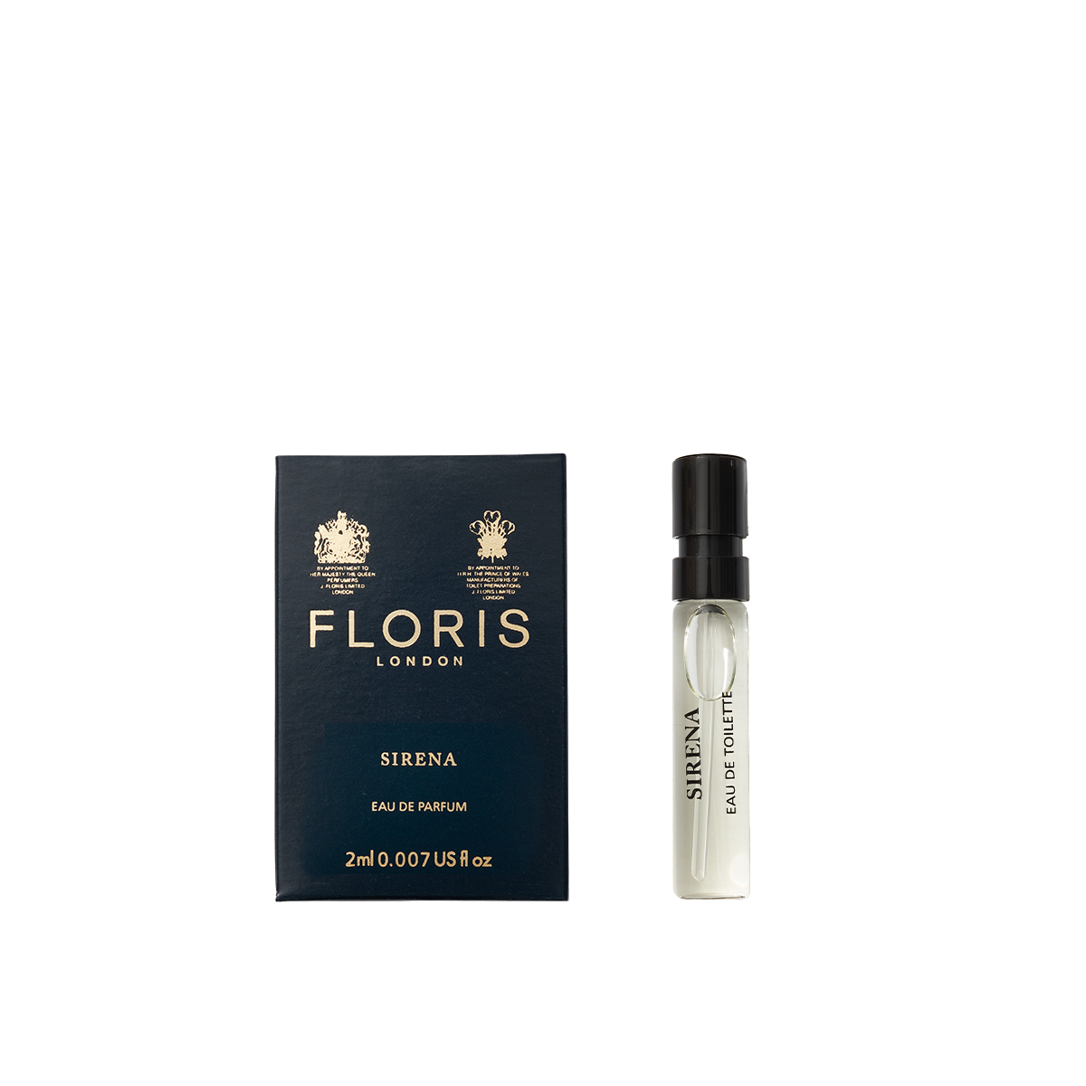 A small vial of Floris London Sirena - Eau de Parfum sits beside its dark blue and gold box, highlighting its fresh floral fragrance.