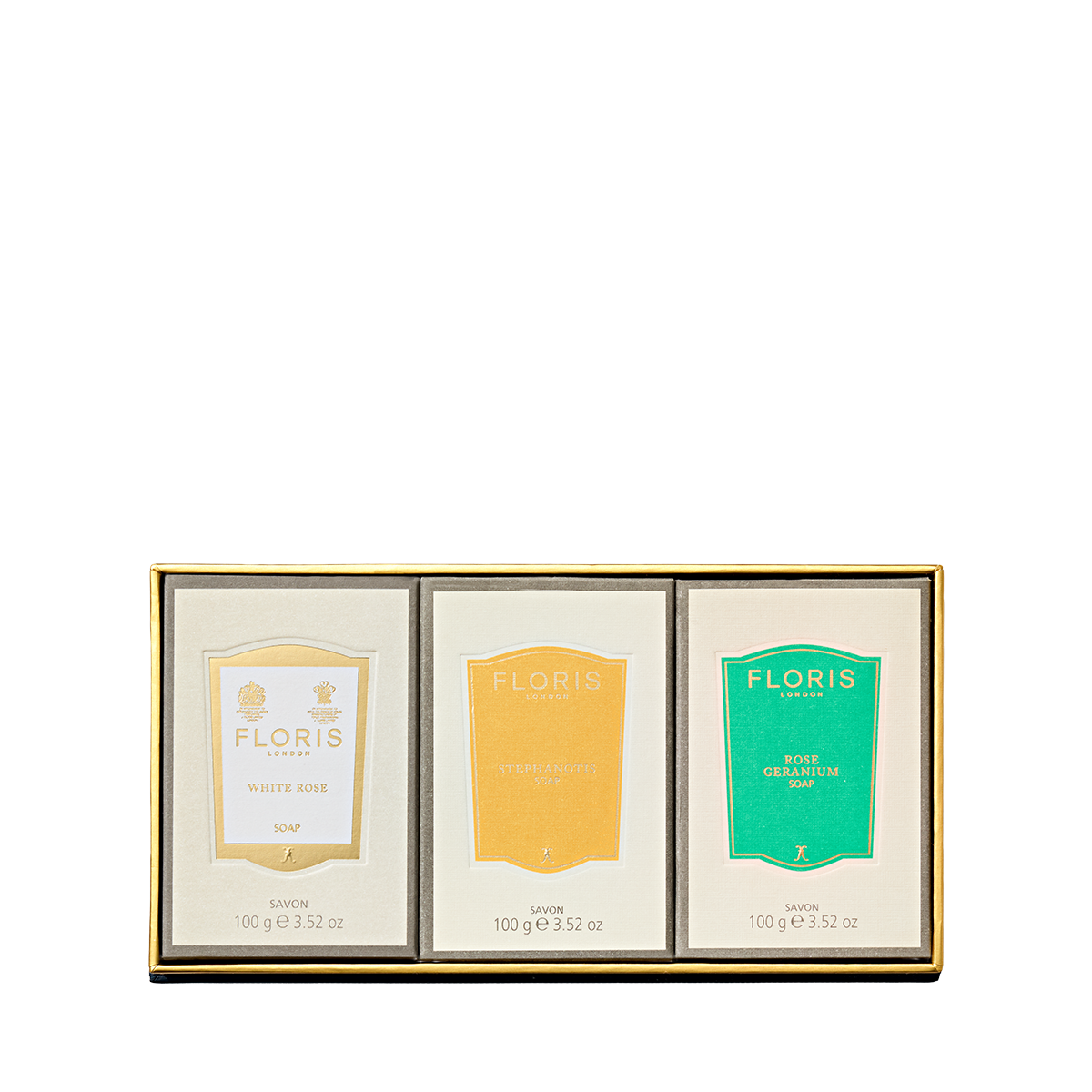 The Soap Collection | For Her by Floris London US features three elegant bars—White Rose, Signature, and Rose Geranium—for a luxurious floral experience.