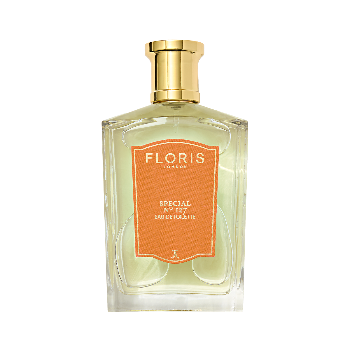 A clear glass bottle of Floris London Special No. 127 Eau de Toilette with a gold cap and orange label.