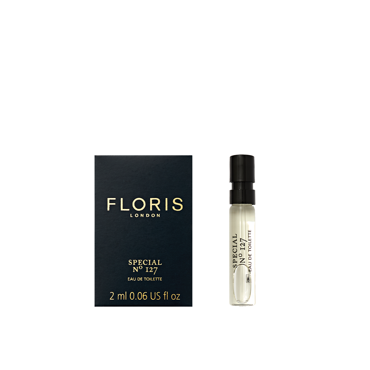 A 2ml Floris London Special No. 127 Eau de Toilette, featuring its black box and bottle on the right—classic citrus-floral elegance, mini-sized.