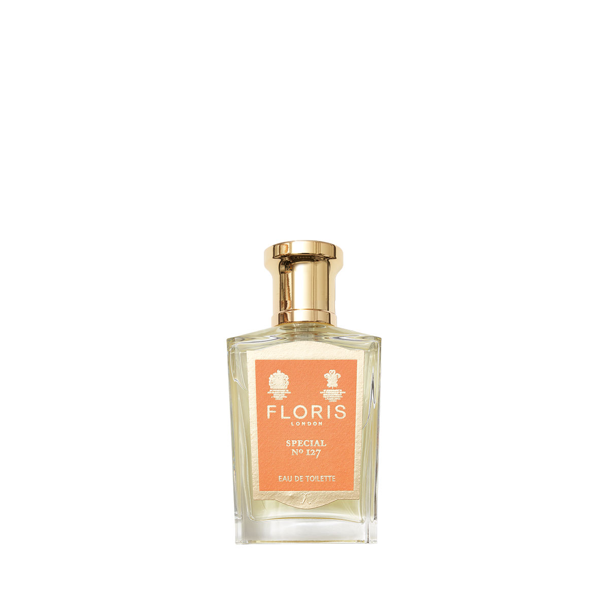 A glass bottle of Floris London Special No. 127 Eau de Toilette with a gold cap and peach label, featuring a classic citrus floral scent.