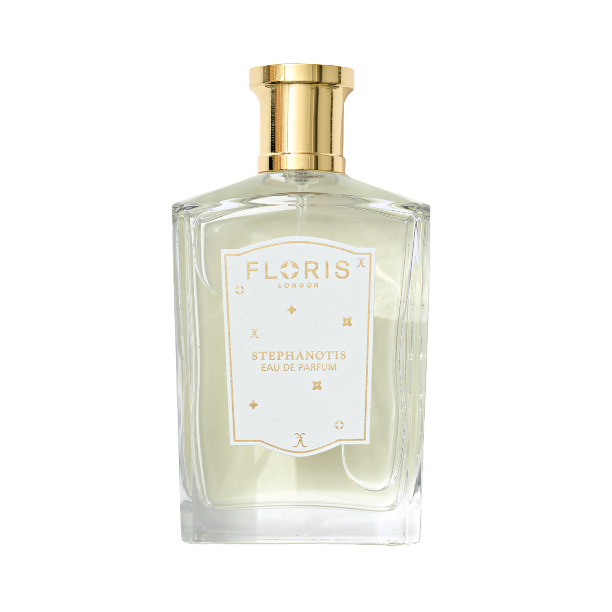 The Floris London Stephanotis - Eau de Parfum | Limited Edition is a clear glass bottle with a gold cap and white label, featuring a lasting floral scent.