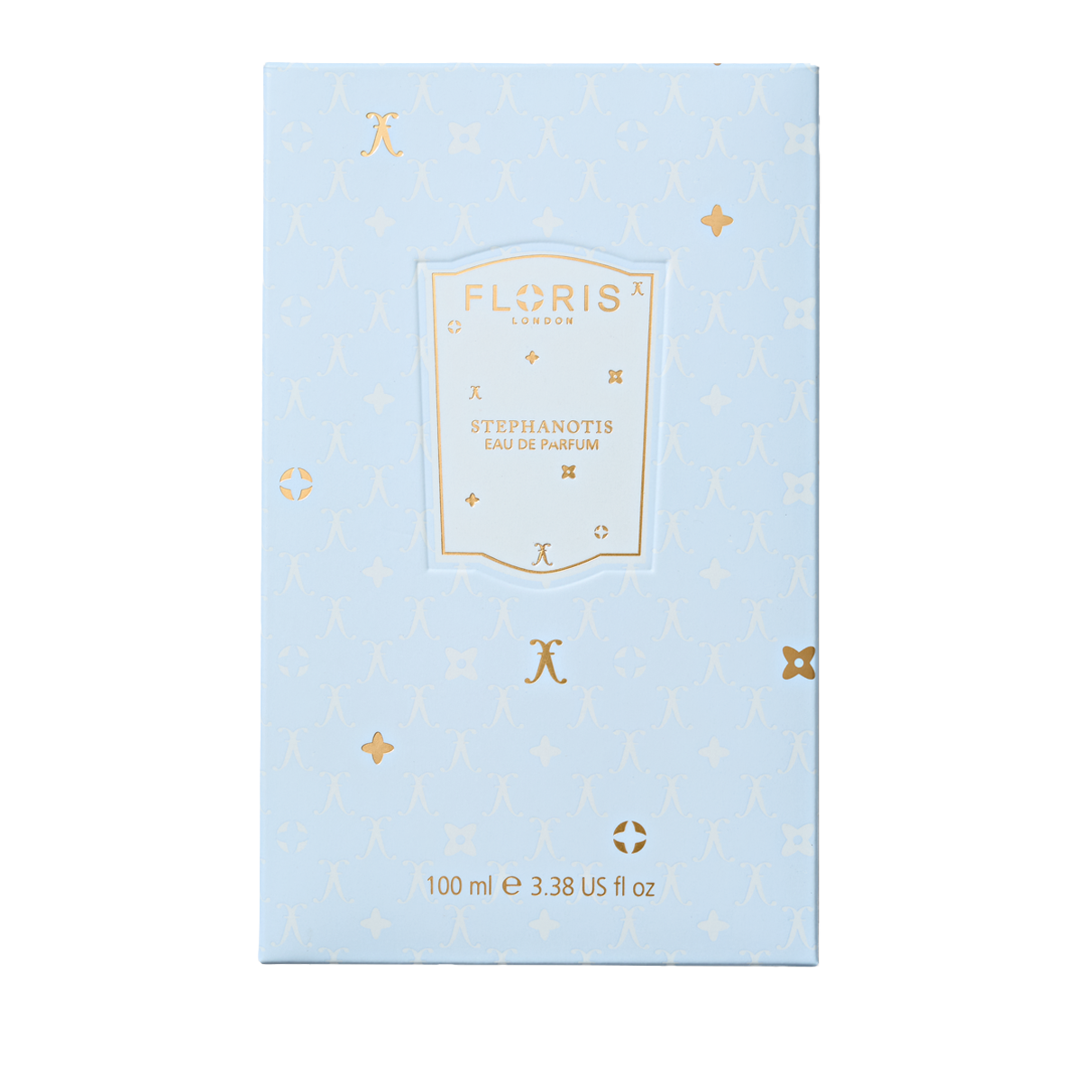 Light blue Floris London Stephanotis - Eau de Parfum | Limited Edition box, 100ml, features gold text and a subtle pattern; long-lasting floral scent.