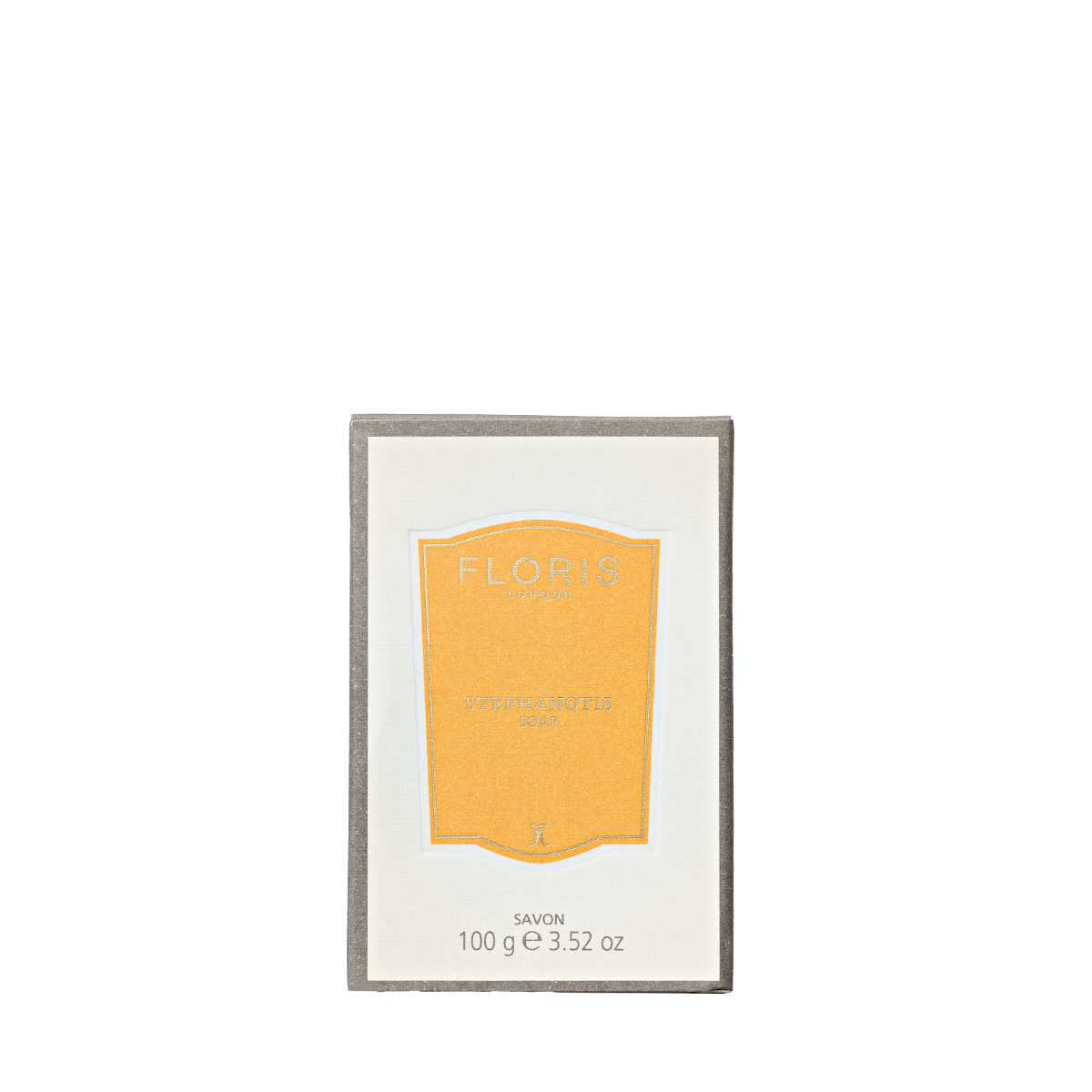 A finely milled Floris London Stephanotis Luxury Soap bar, 100g, in white packaging with a yellow label.