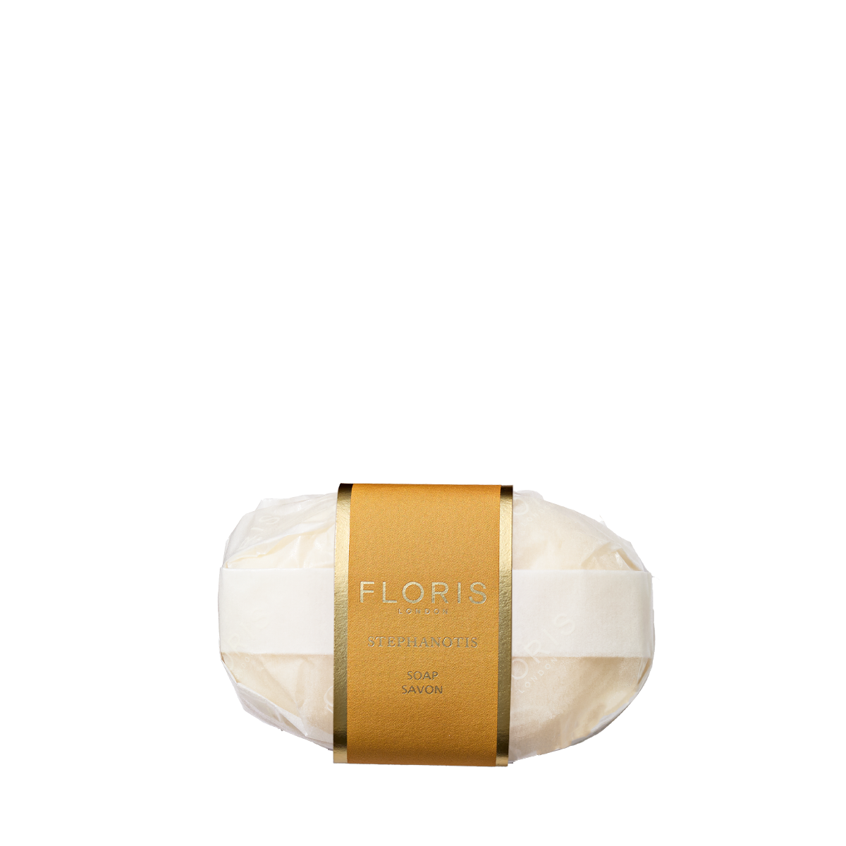 Floris London Stephanotis - Luxury Soap: a finely milled soap bar with Stephanotis fragrance, wrapped in white paper and finished with a gold label.