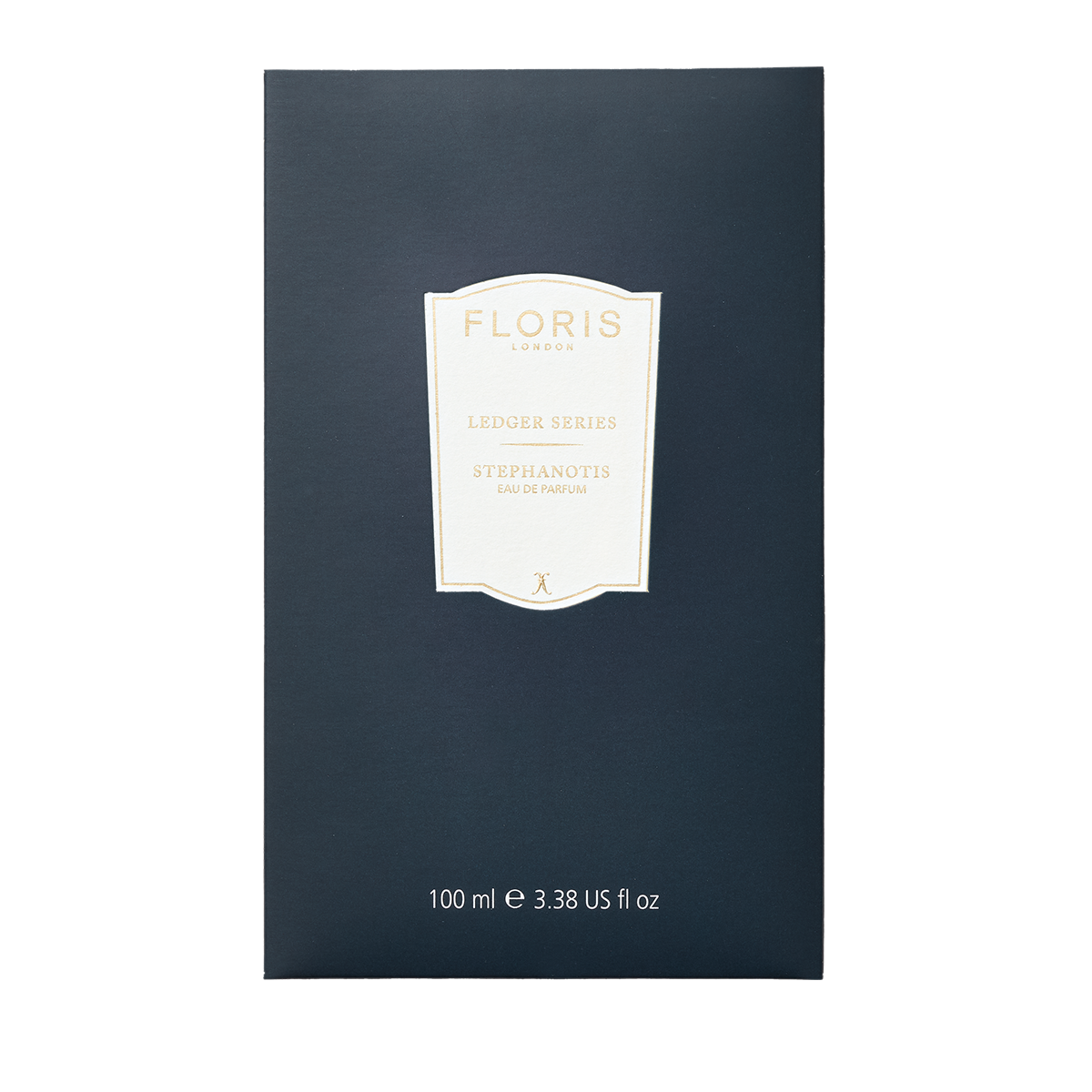Navy blue Floris London Stephanotis perfume box labeled "Eau de Parfum, 100 ml, Ledger Series," featuring a lush green floral fragrance.