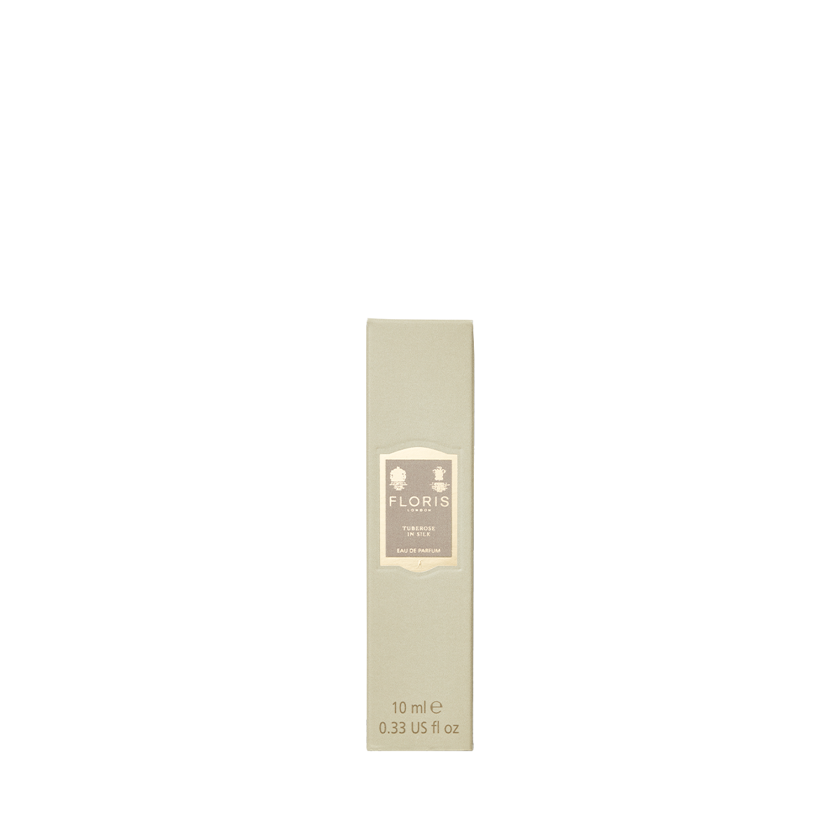 Beige rectangular Floris London Tuberose In Silk Eau de Parfum box, 10ml, on a white background—ideal for floral fragrance lovers.