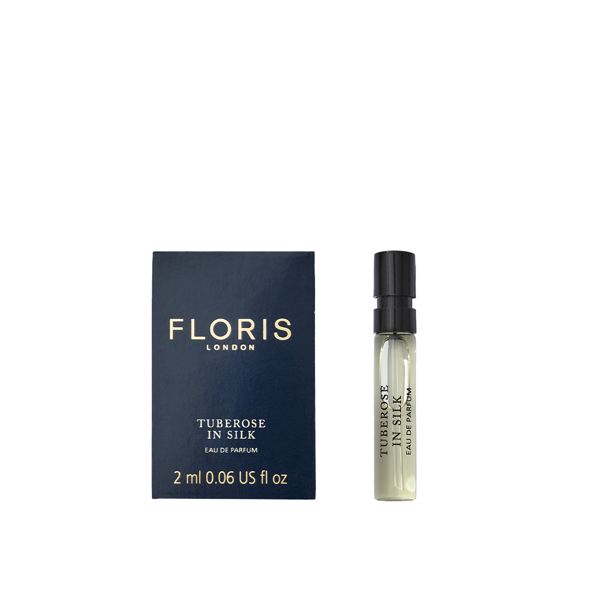 A Floris London Tuberose In Silk - Eau de Parfum sample with navy box and spray vial, featuring notes of tuberose and jasmine.