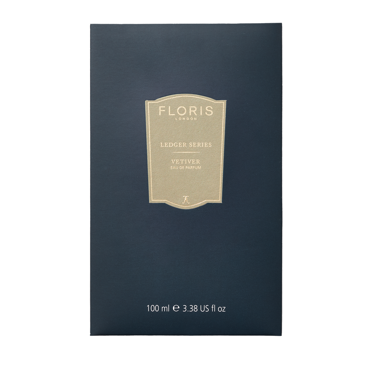 Floris London Vetiver, 100ml, from the Ledger Series. Navy blue box with gold label, captures the grounding, earthy essence of vetiver.