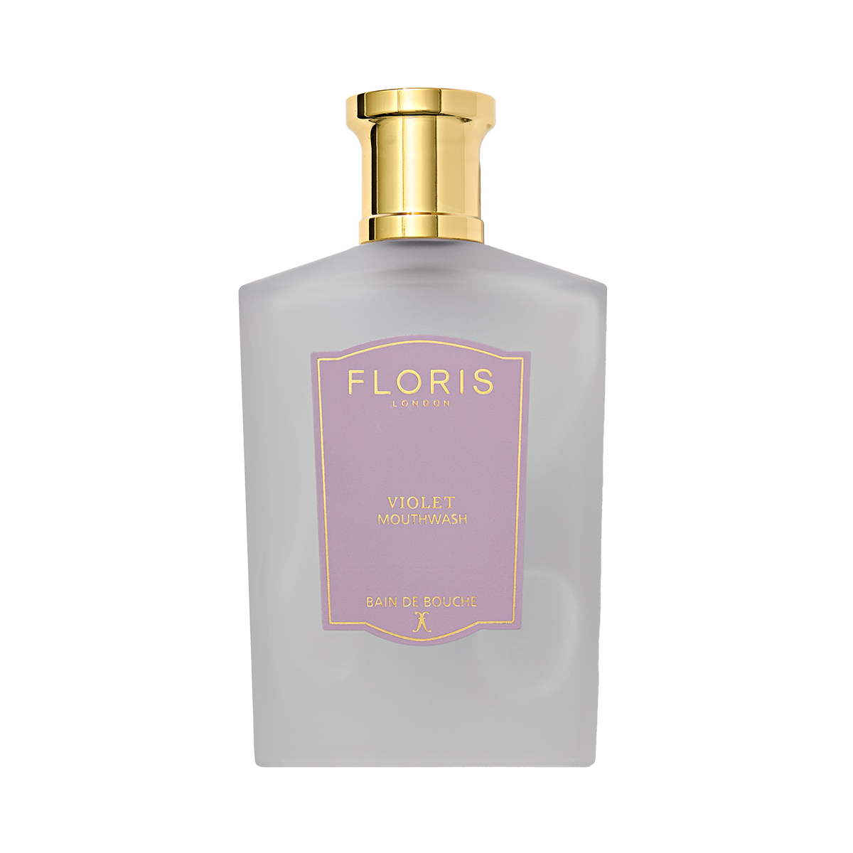The Floris London Violet Mouthwash comes in a frosted bottle with a gold cap and purple label for an elegant touch.