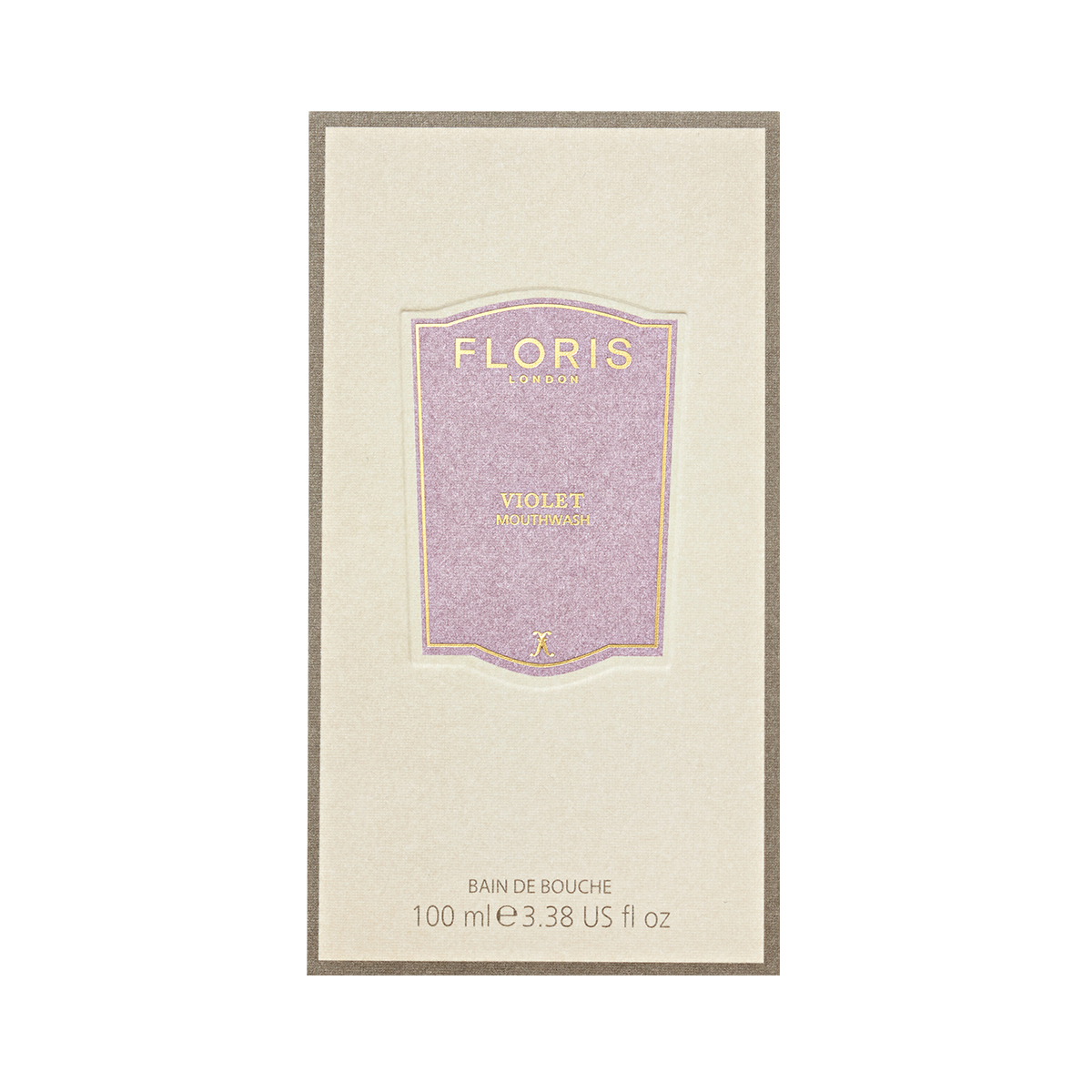 Floris London Violet Mouthwash, 100 ml—luxury mouthwash in a beige box with a purple label, featuring an elegant, minimalist design.