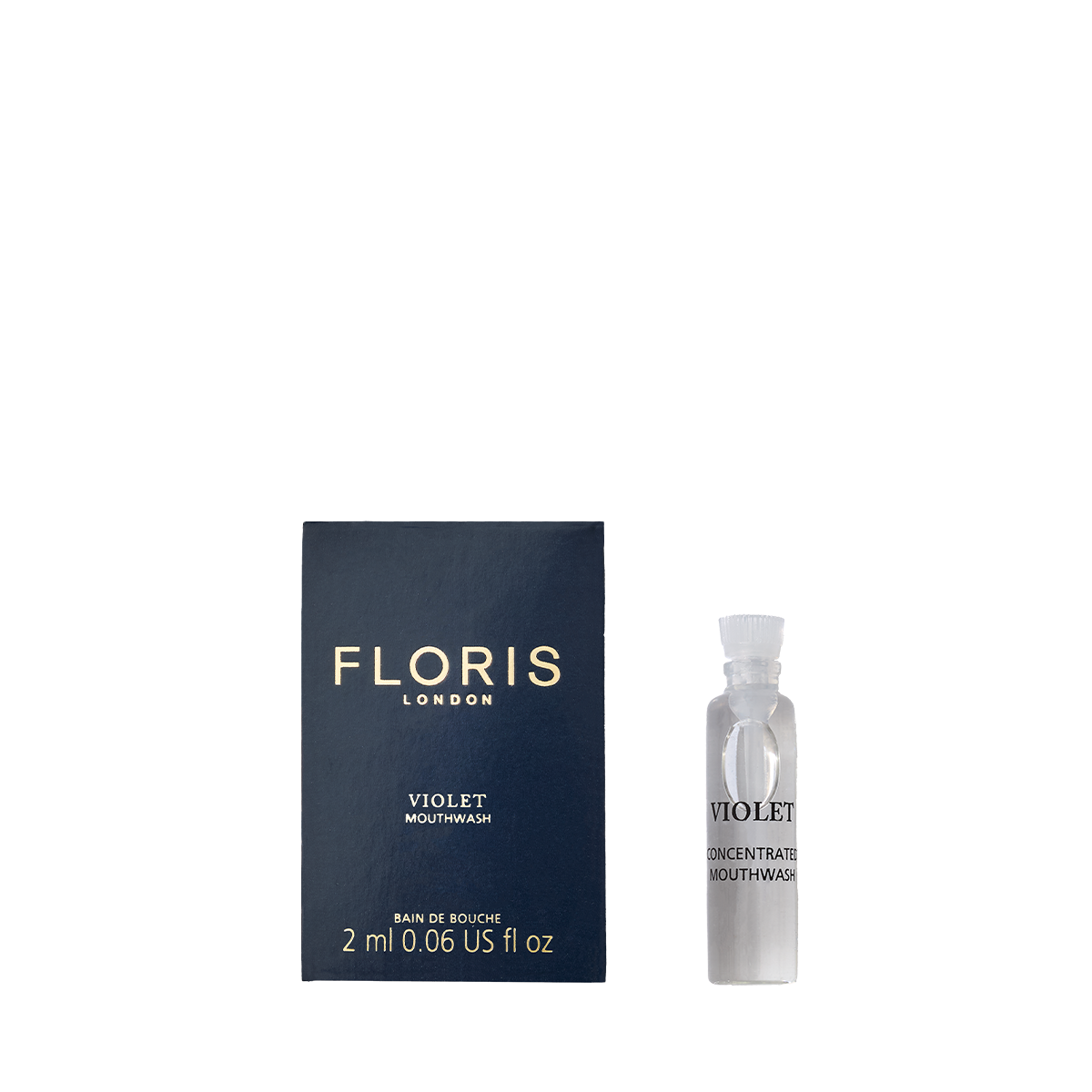 A Floris London Violet - Mouthwash box is displayed next to a handy 2 ml vial of this luxury mouthwash.