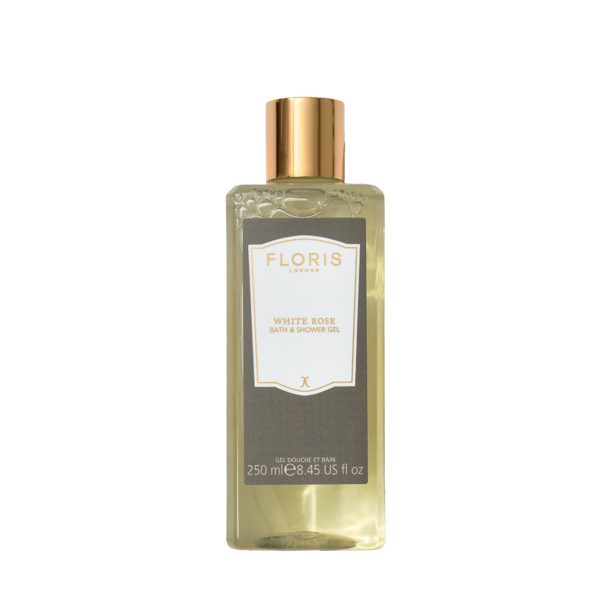 Floris London White Rose Bath & Shower Gel 250ml in a clear bottle with gold cap, offers a delicate floral fragrance; pictured on a white background.