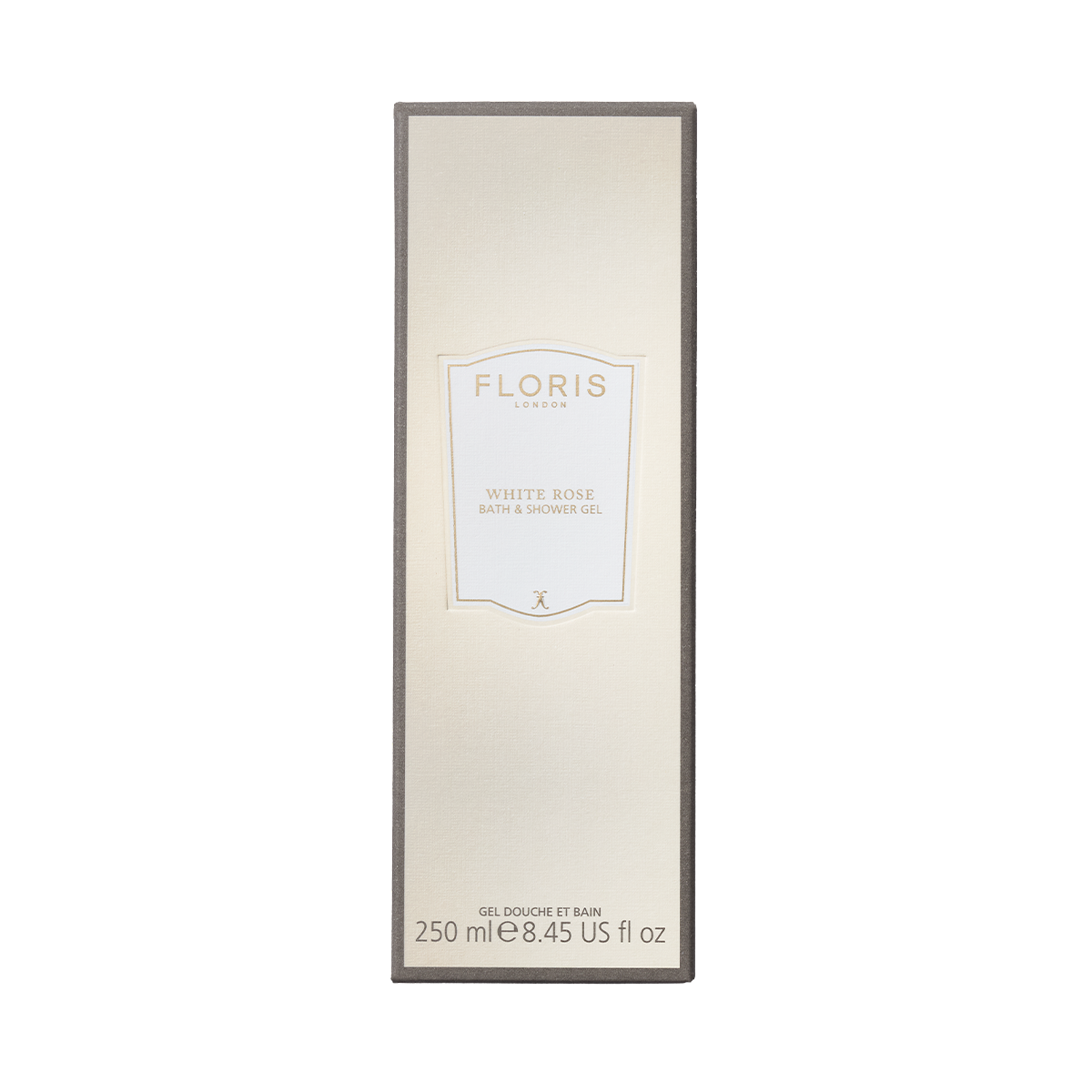 Floris London White Rose - Bath & Shower Gel 250ml in a beige box, with a minimalistic label and an elegant floral scent.
