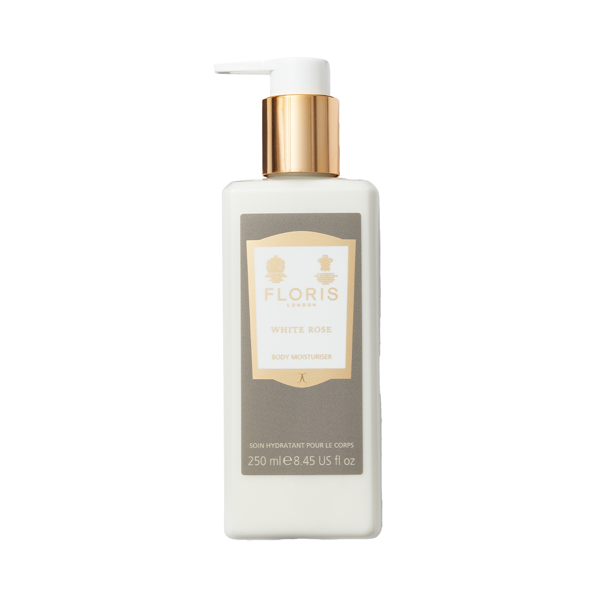 A 250ml white and gold bottle of Floris London White Rose - Enriched Body Moisturiser with a pump, featuring a delicate floral fragrance.
