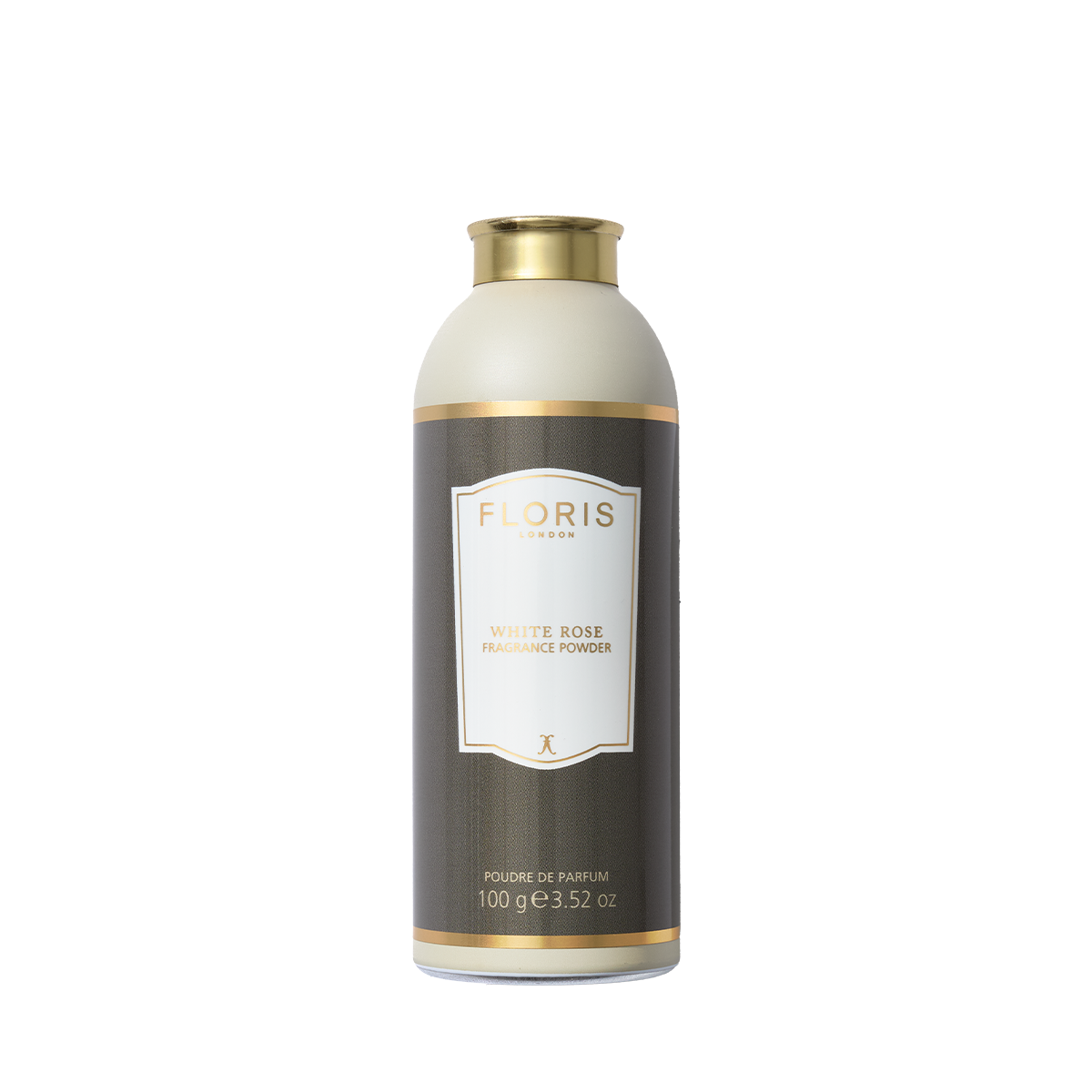 A 100g canister of Floris London White Rose Fragrance Powder with aloe vera features a gold and white label on a grey background.