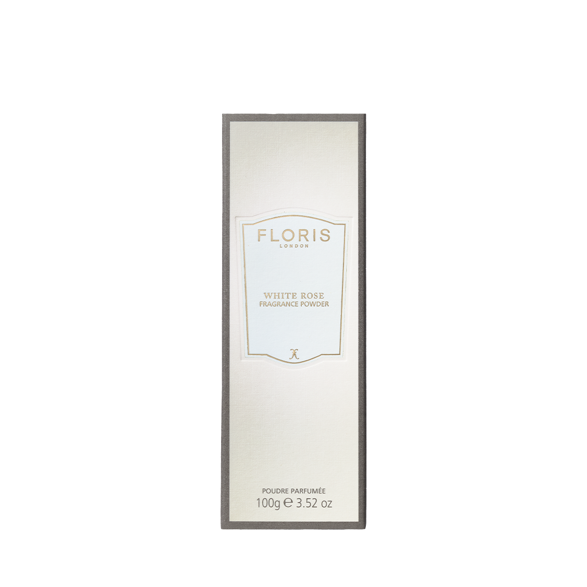 Front view of Floris London White Rose - Fragrance Powder box in cream with gold and grey accents, featuring the delicate scent of white rose.