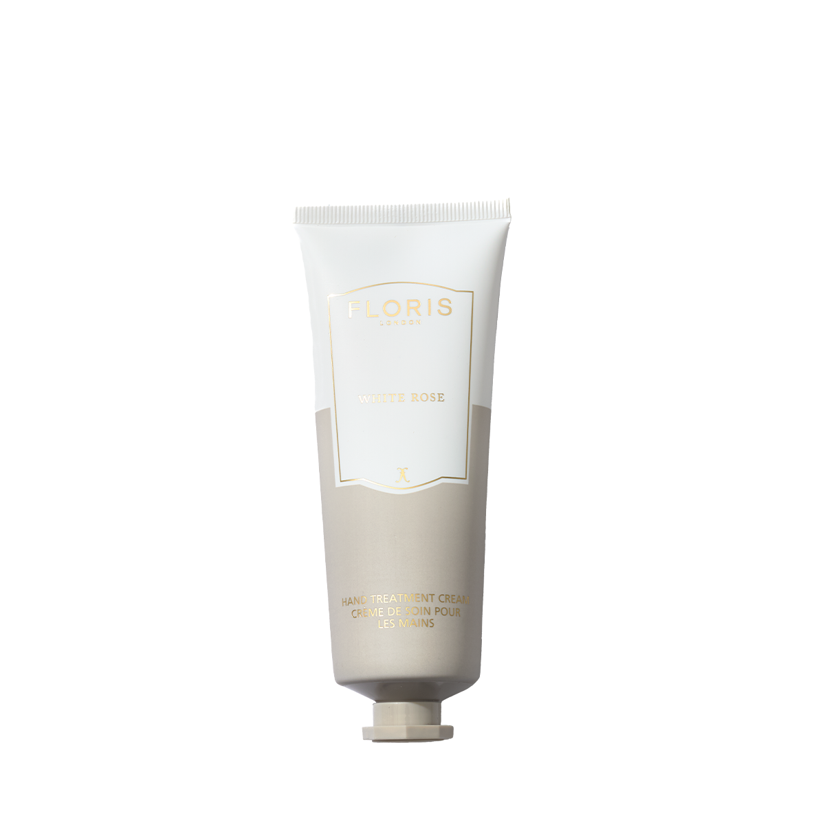 A tube of Floris London White Rose Hand Treatment Cream stands upright on a white background.
