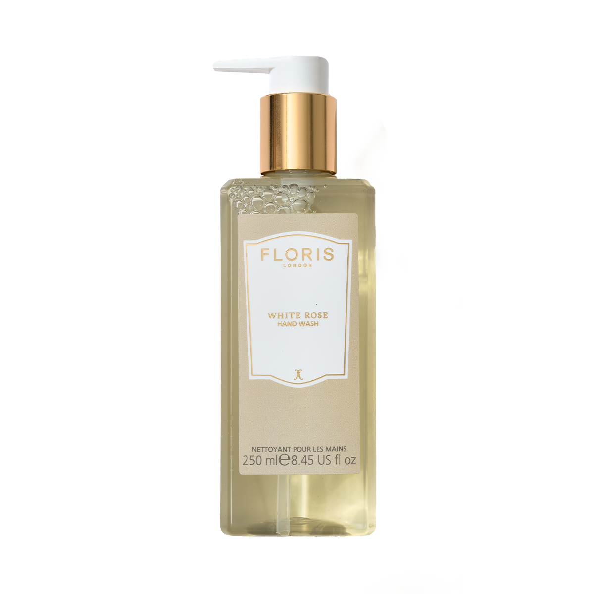 Floris London White Rose - Luxury Hand Wash, 250ml with gold pump, features a gentle formula enriched with coconut and olive ingredients.