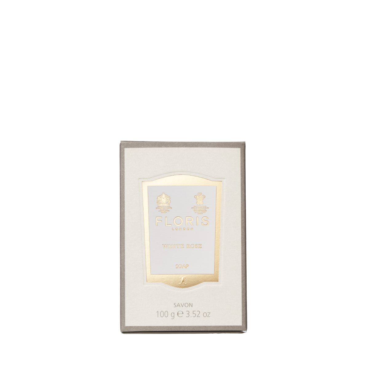 Floris London White Rose - Luxury Soap, 100g, enriched with shea butter and featuring a gold and white label for an elegant touch.
