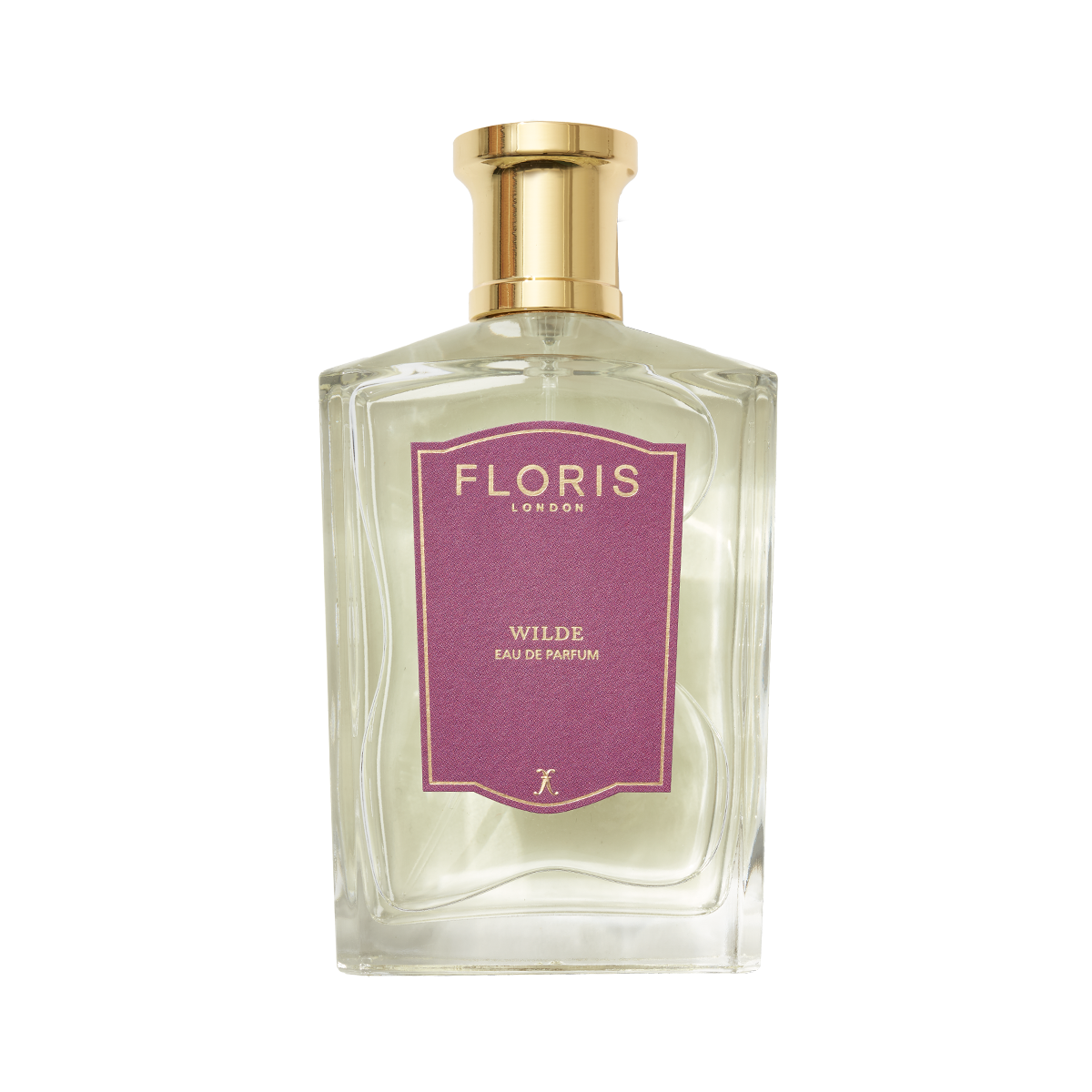 Clear glass perfume bottle with gold cap, labeled "Floris London Wilde - Eau de Parfum"—celebrating creative expression and inspired by Oscar Wilde.