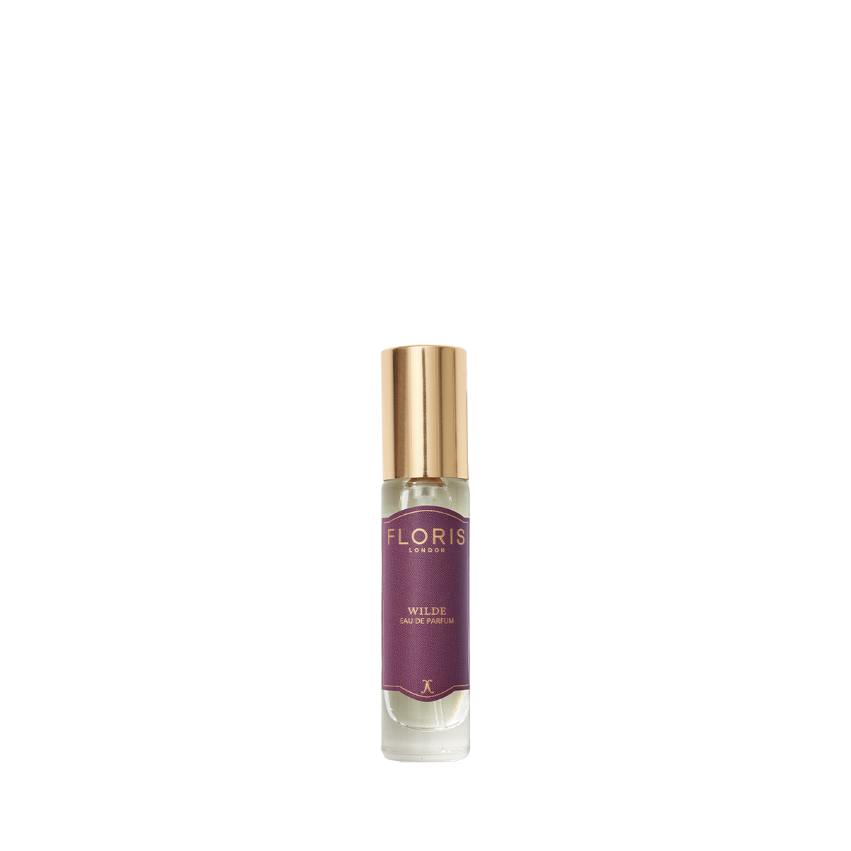 A small glass perfume bottle labeled "Wilde - Eau de Parfum" by Floris London with a gold cap, capturing the spirit of individuality on white.