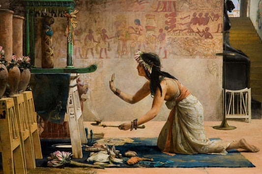 A Painting of an egyptian lady praying to the Osequies of an Egyptian Cat with fragrance.