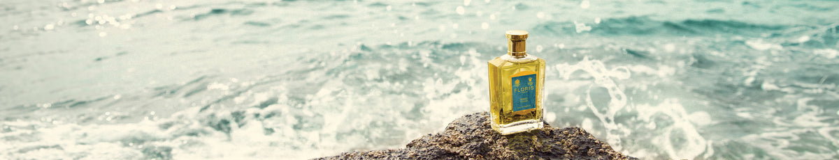 Perfume bottle on a rock by the sea, with waves in the background.
