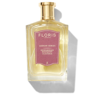 A bottle of Edwardian Bouquet eau de parfum by Floris London, featuring a gold cap and exuding citrus freshness.