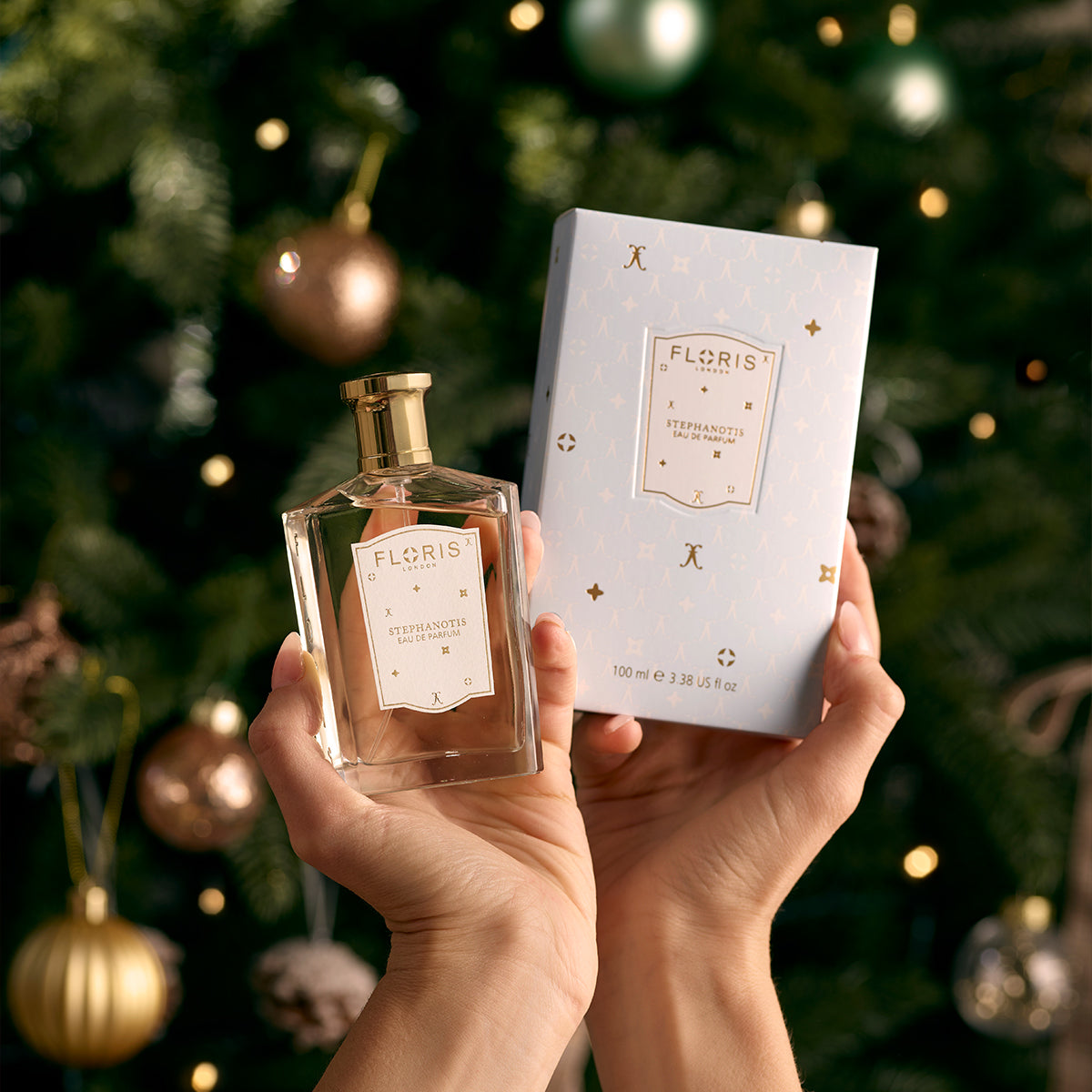 Hands holding a Floris London Stephanotis | Limited Edition perfume and box before a Christmas tree, featuring an orange blossom floral scent.