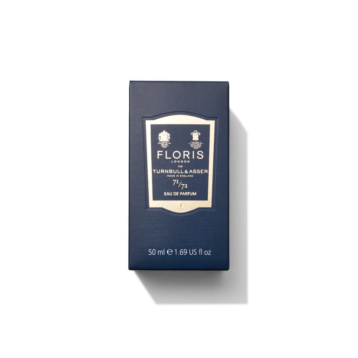 A navy blue box of 71/72 - Eau de Parfum, 50 ml by Floris London, a fragrance for men inspired by Jermyn Street's bespoke fashion.