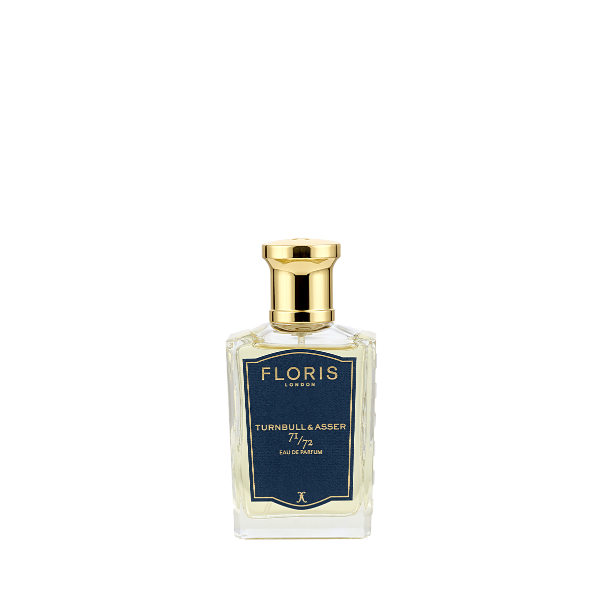 A bottle of Floris London 71/72 - Eau de Parfum, a refined woody fragrance with a gold cap and navy label.