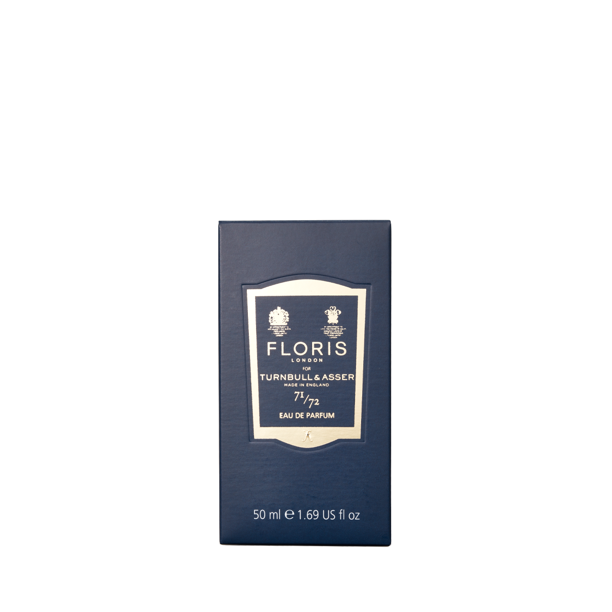 Navy blue Floris London box labeled "71/72 - Eau de Parfum, 50 ml" features a refined woody fragrance.