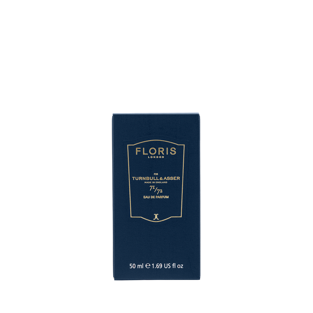A navy blue Floris London 71/72 Eau de Parfum box, 50ml, with a refined woody scent, shown against a white background.